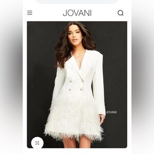 Elegant Jovani Cream Double-Breasted Blazer Dress with Feather Trim